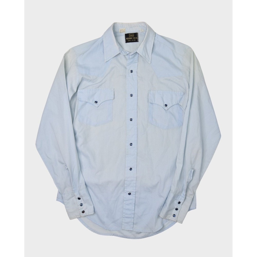 Vintage Sears Shirt Mens Small Blue Western Pearl Snap Long Sleeve Cowboy